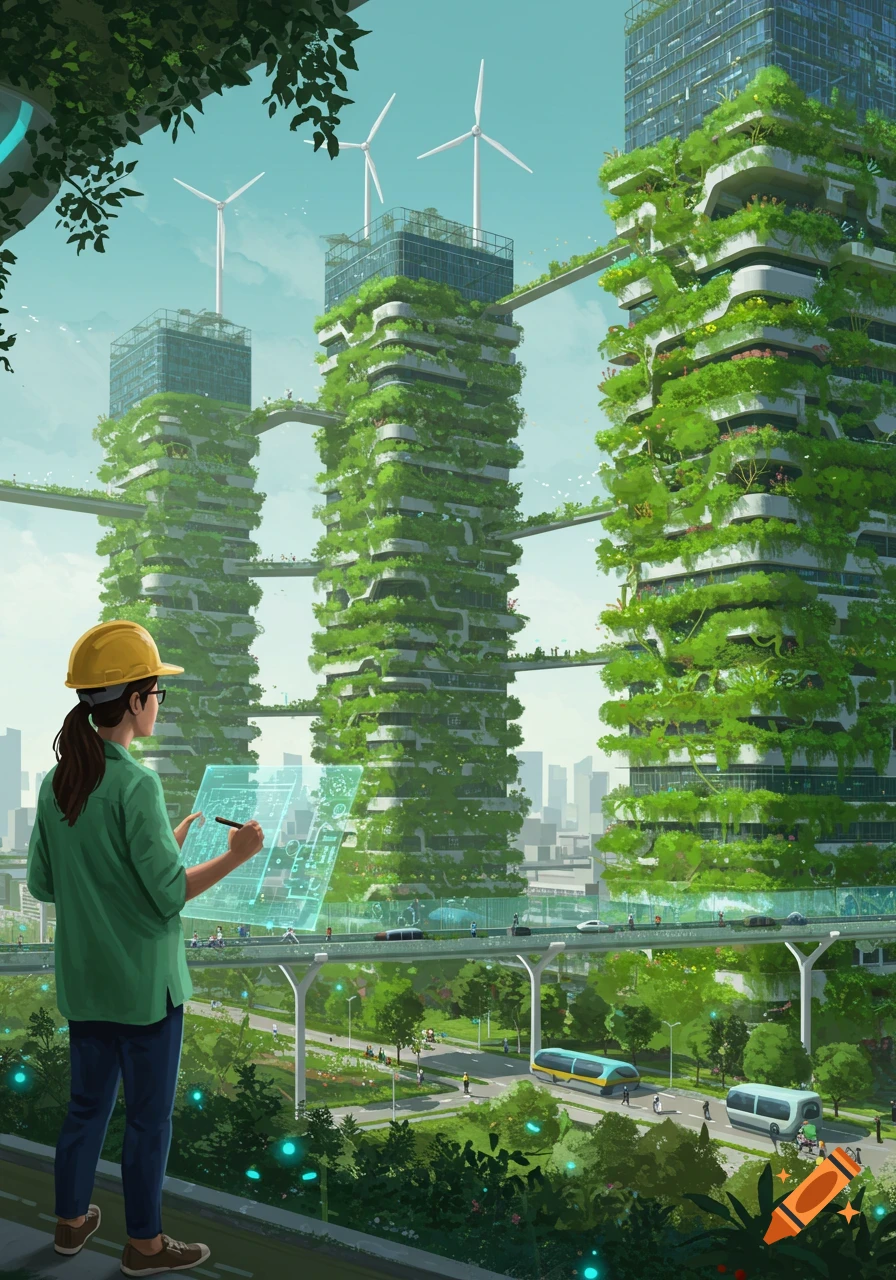 A woman in a hard hat examines a holographic blueprint overlooking a futuristic city with lush, plant-covered skyscrapers and wind turbines.
