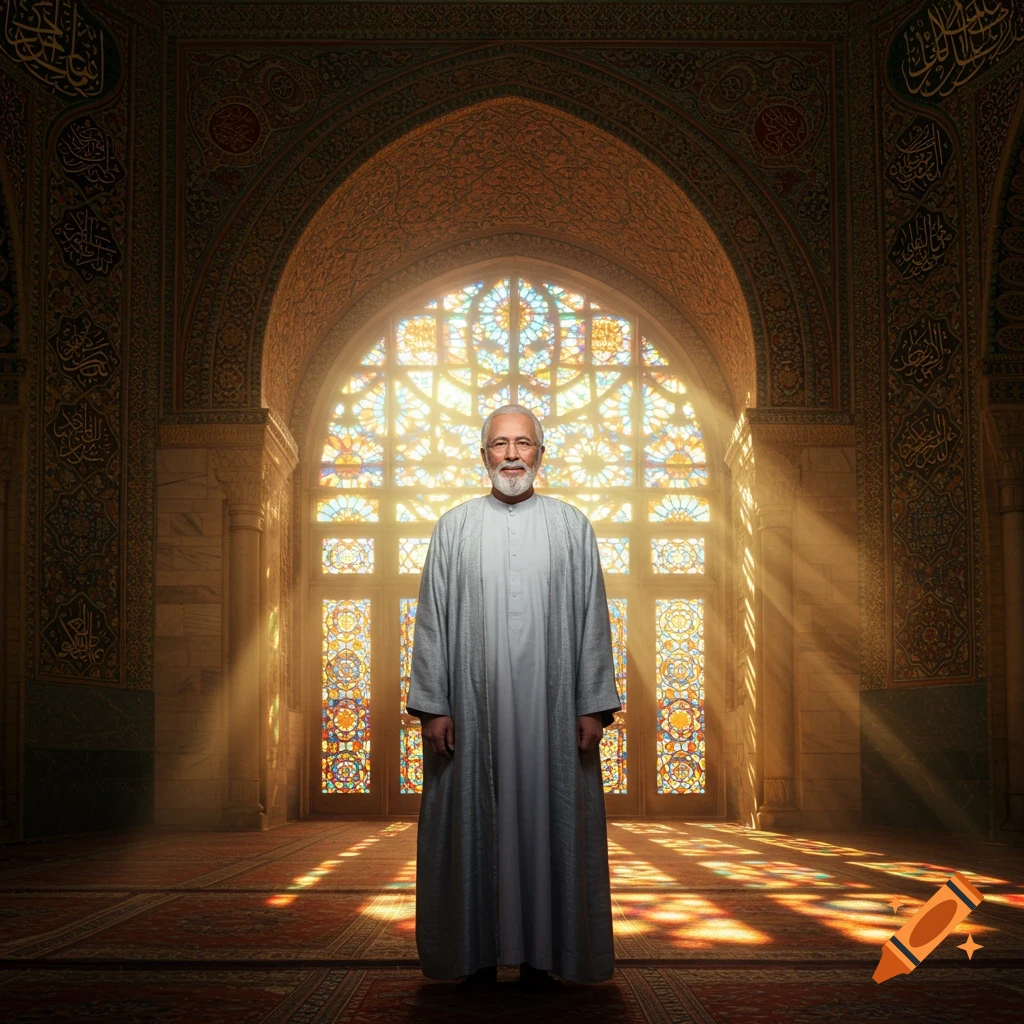 A man with a white beard wearing a light grey thobe stands in a beautifully illuminated mosque, with sun rays streaming through a large stained-glass window behind him.