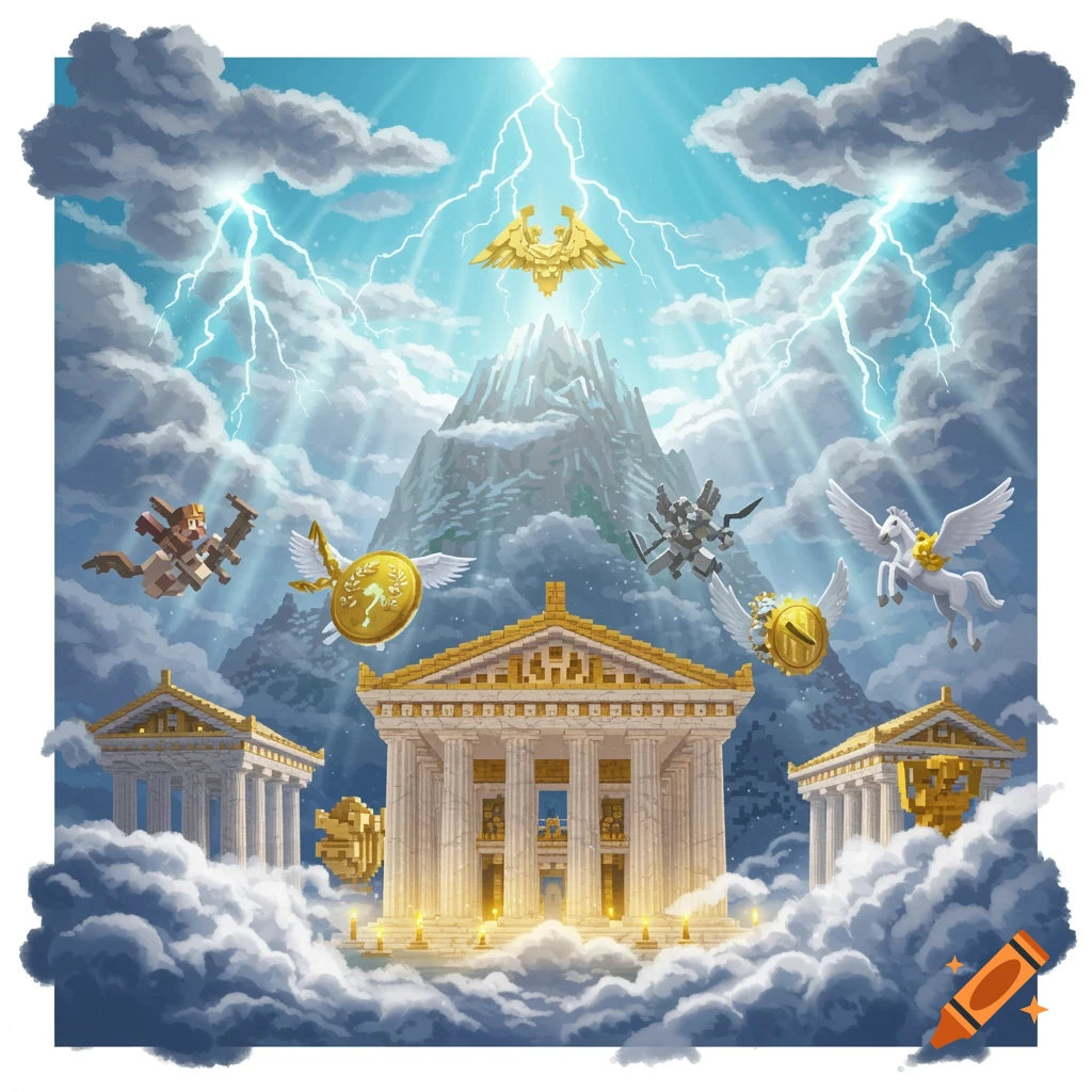 Pixel art of Mount Olympus with Greek temples, lightning, clouds, and flying mythological creatures and symbols.