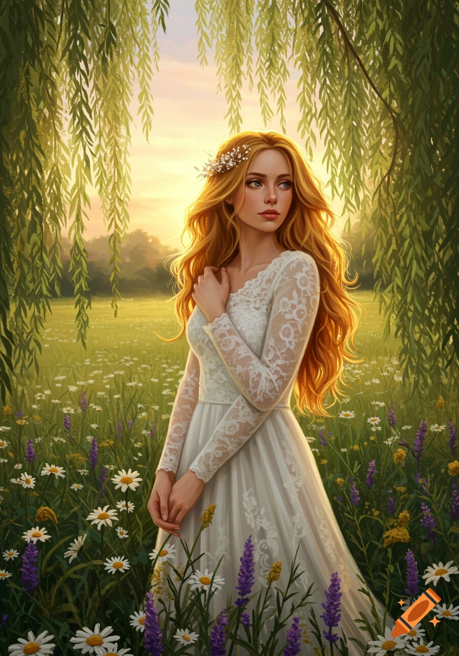 A woman with long wavy red hair in a white lace dress stands in a field of wildflowers under a weeping willow tree at sunset.