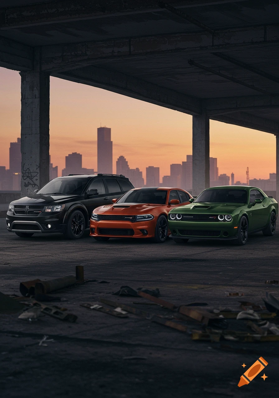Three cars, a black SUV, an orange sedan, and a green coupe, are parked under an overpass with a city skyline at sunset in the background. Photorealistic.