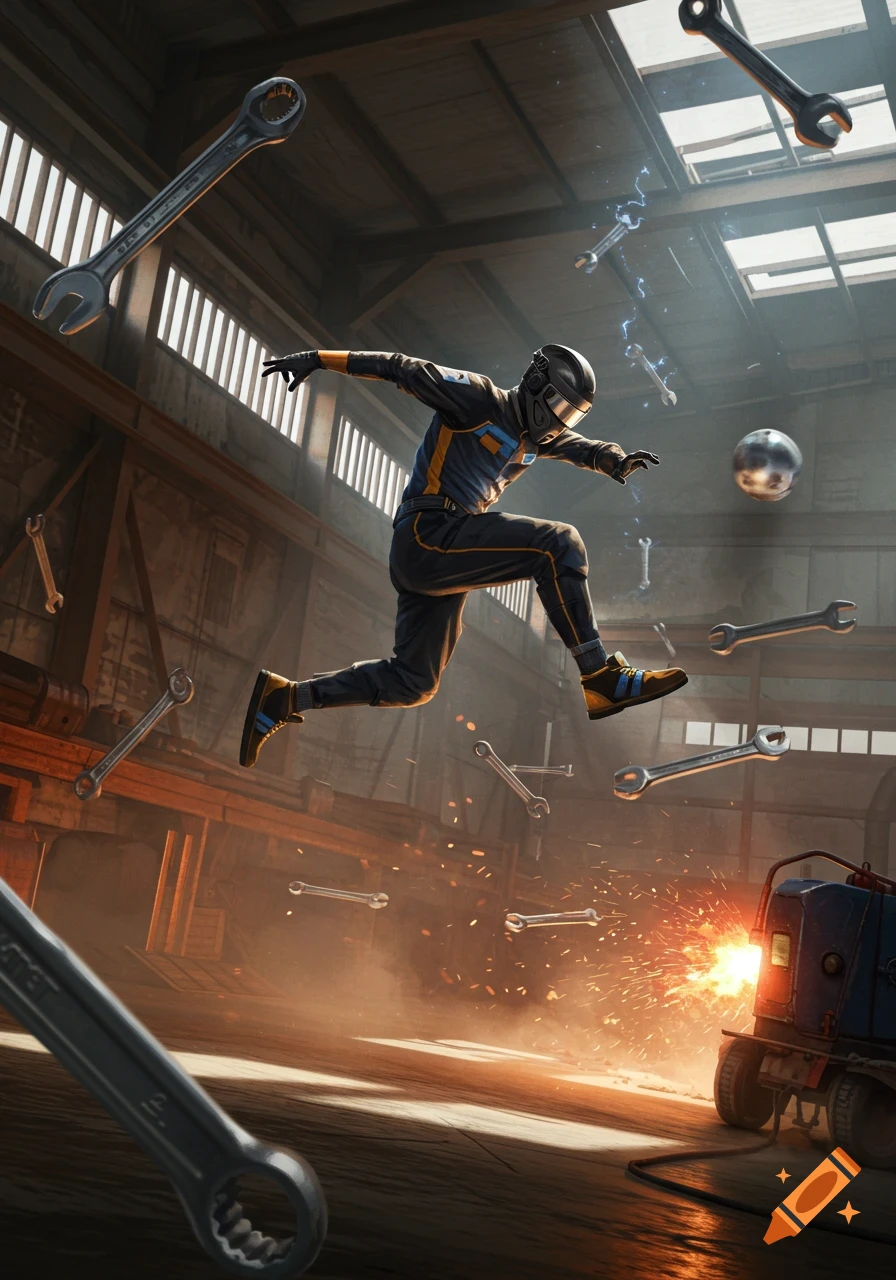 A person in a futuristic suit leaps through a workshop, dodging flying wrenches and sparks from machinery.