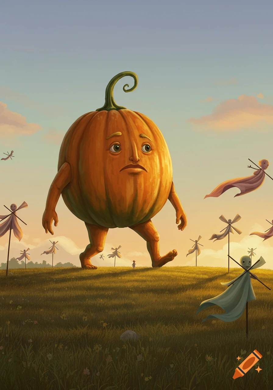 A large, anthropomorphic pumpkin with a sad face walks through a grassy field filled with small, fluttering wind puppets under a sunset sky.