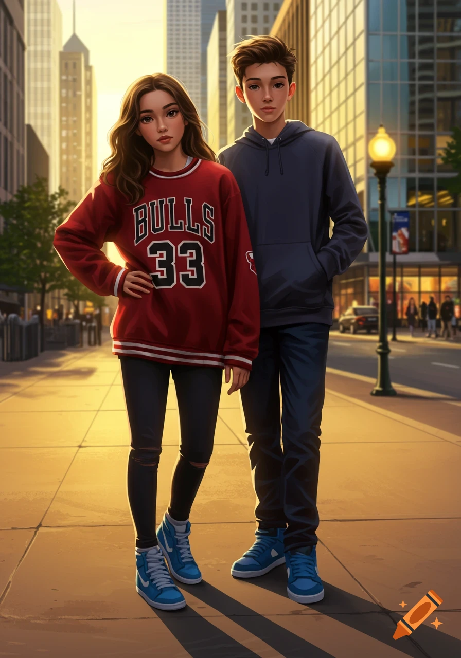 A young woman in a red Bulls sweatshirt and black pants stands with a young man in a blue hoodie and blue sneakers on a city sidewalk at sunset. The image has a stylized, illustrated look.