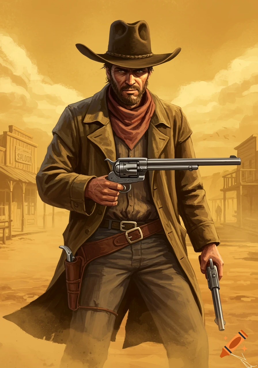 An illustration of a cowboy holding two revolvers in a dusty western town.