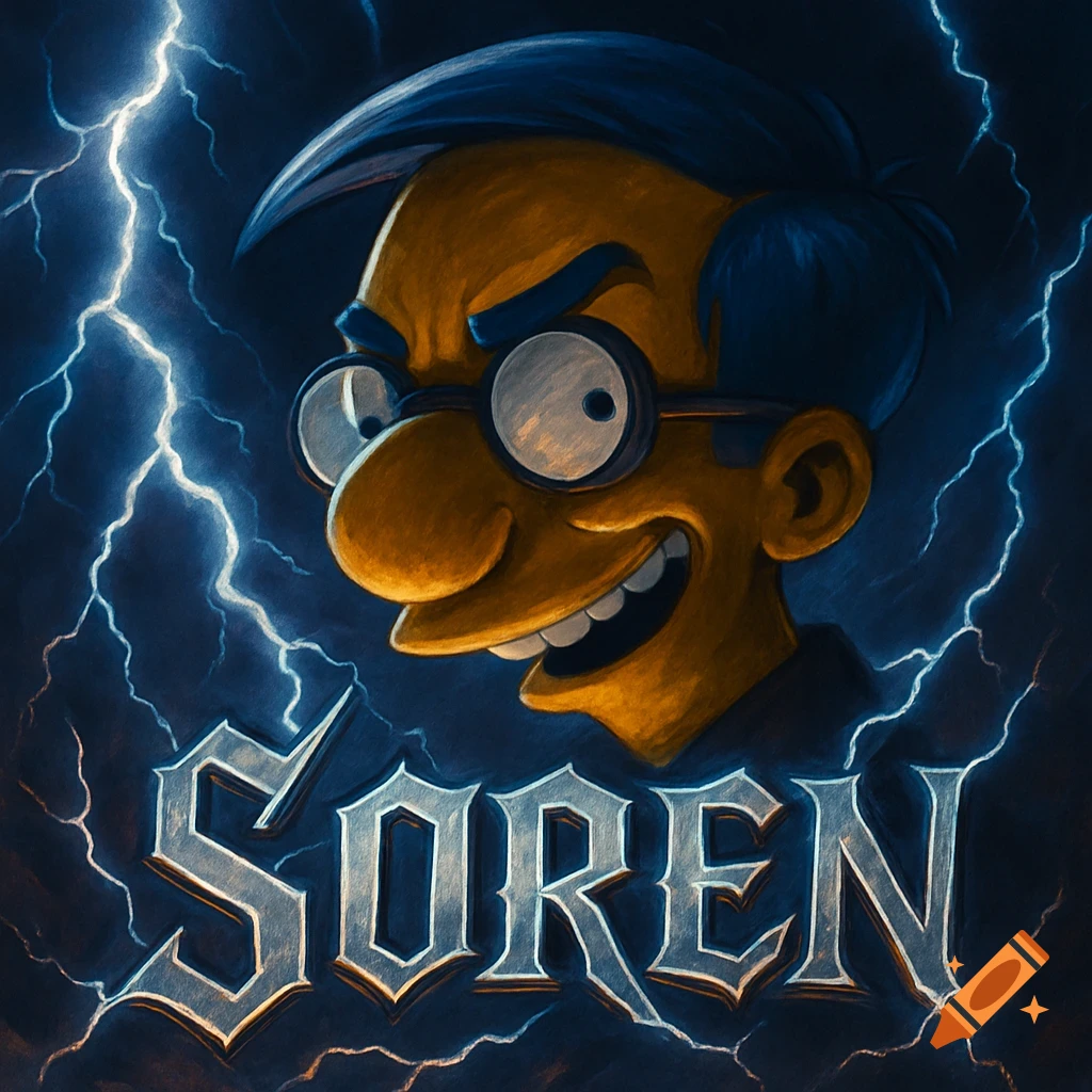 Stylized evil Milhouse from The Simpsons grinning, surrounded by lightning, with 'SOREN' below.