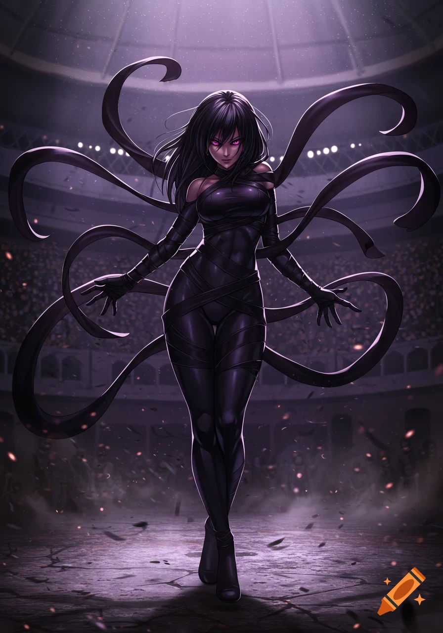 A dark-haired anime female character in a tight black suit with tendrils, standing in a spotlighted arena.