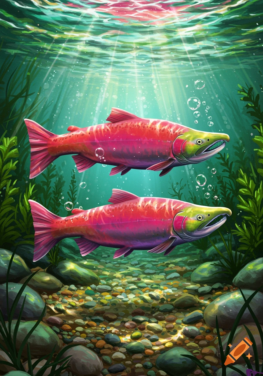 Two vibrant red and green salmon swim in clear, sunlit water with aquatic plants and pebbles on the riverbed.