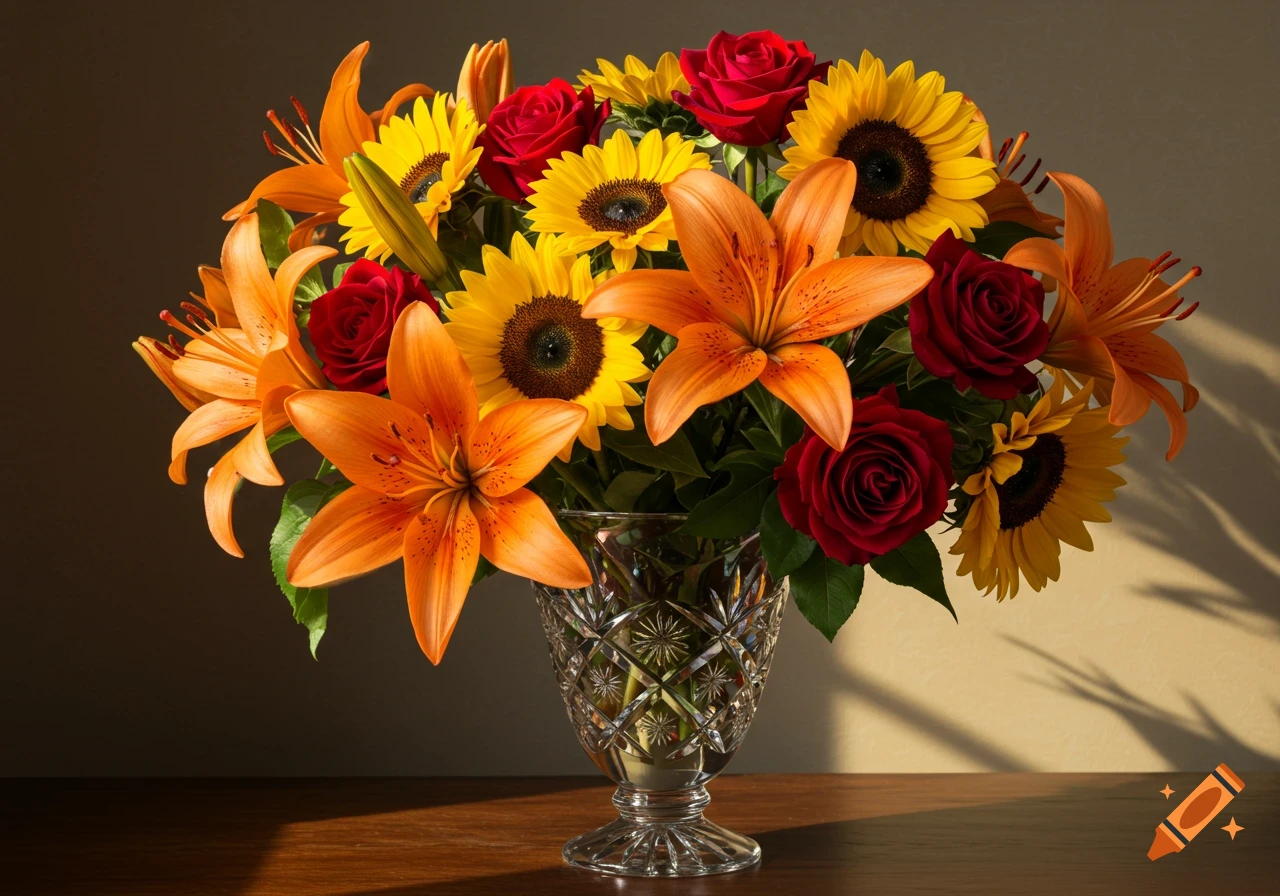 A vibrant bouquet of orange lilies, yellow sunflowers, and red roses in a crystal vase on a wooden table.