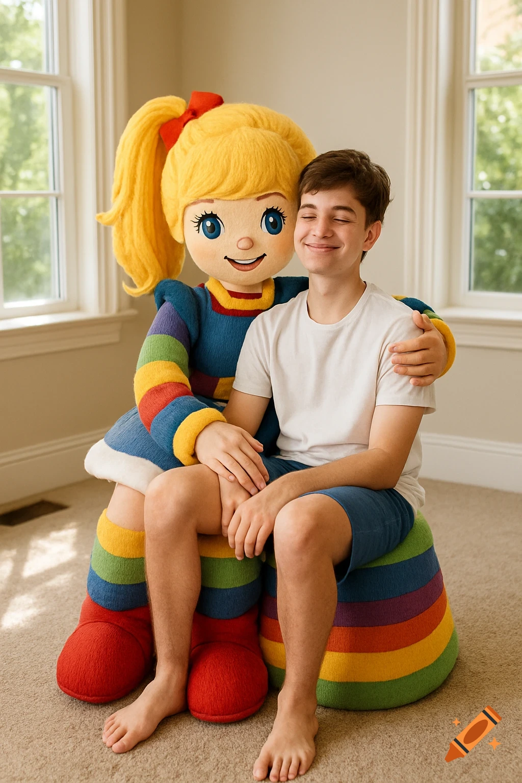 A teenage boy embraced by a colorful Rainbow Brite mascot, sitting on a rainbow-striped base in a bright room.