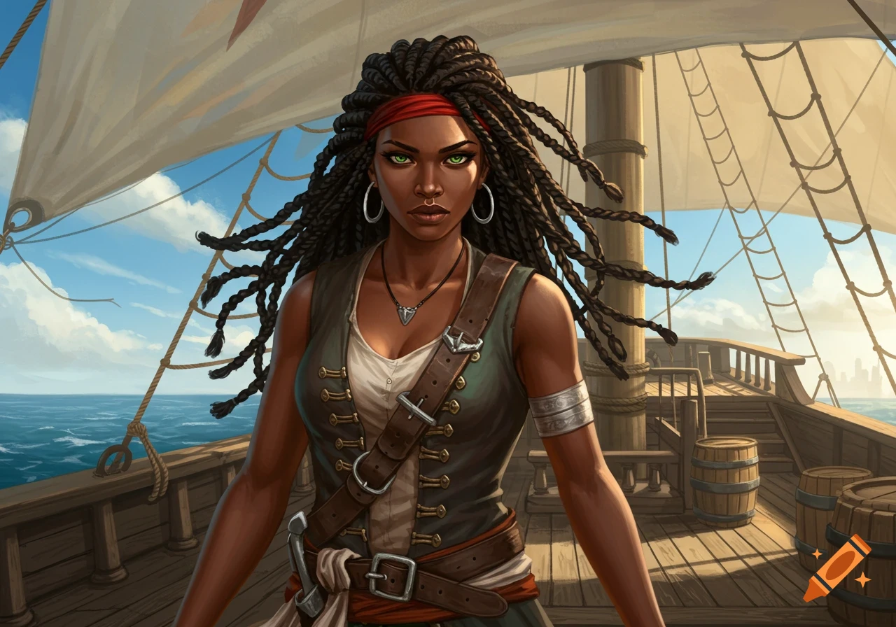A detailed illustration of an African female pirate with long braids and green eyes, standing on a ship deck.