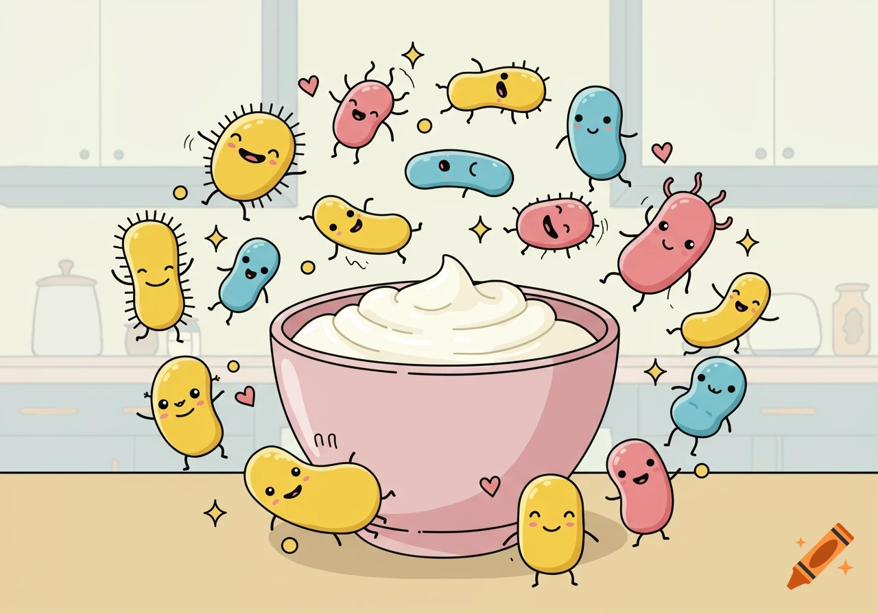 Cute doodle style illustration of colorful, smiling bacteria surrounding a bowl of yogurt in a kitchen setting.
