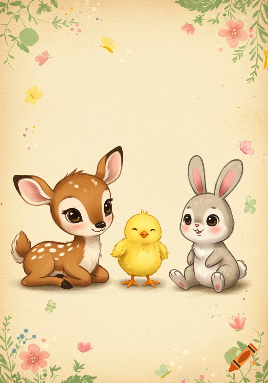 Cute cartoon fawn, yellow chick, and gray bunny sitting together on a light background with floral borders and butterflies.