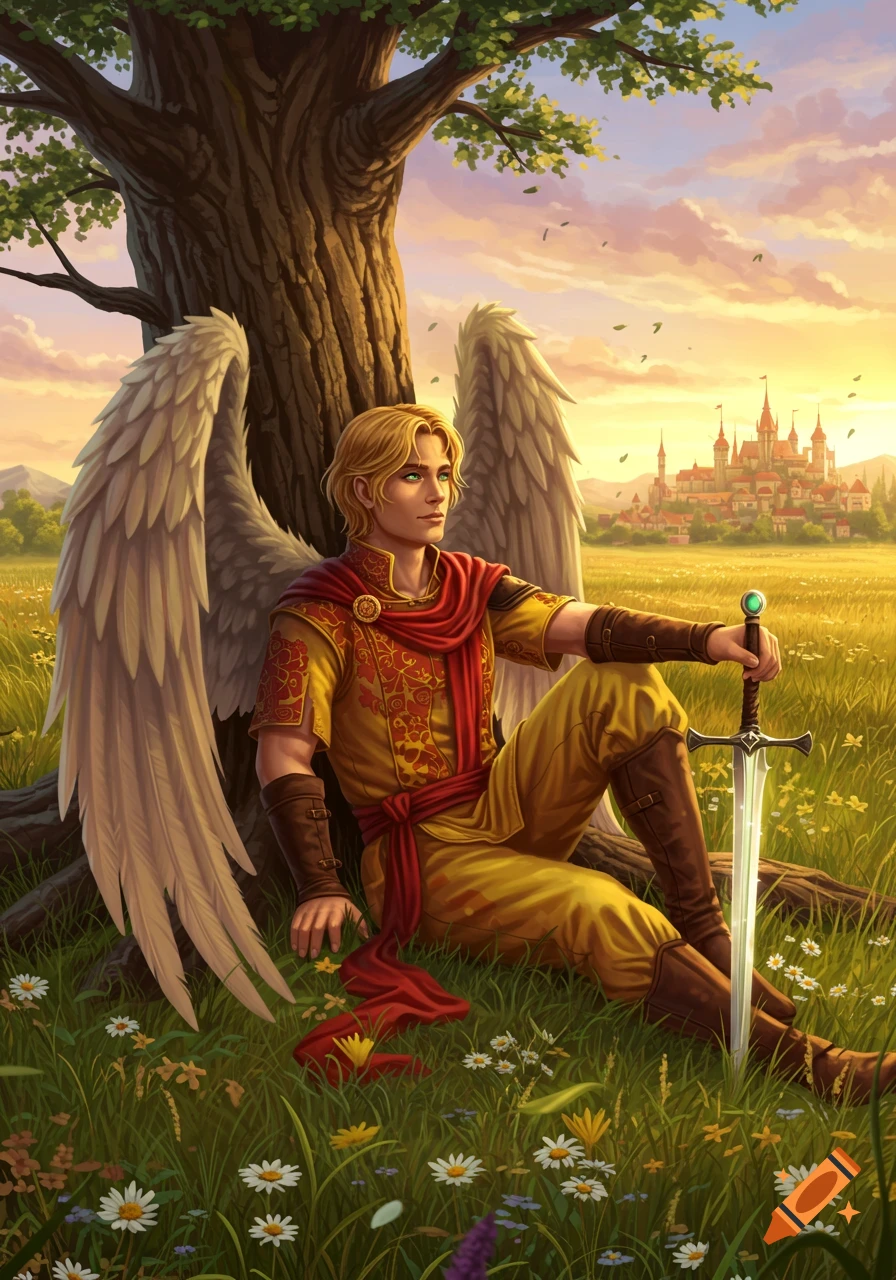 A blonde-haired man with large white wings sits against a tree in a sunlit field, holding a sword, with a castle town in the distance.