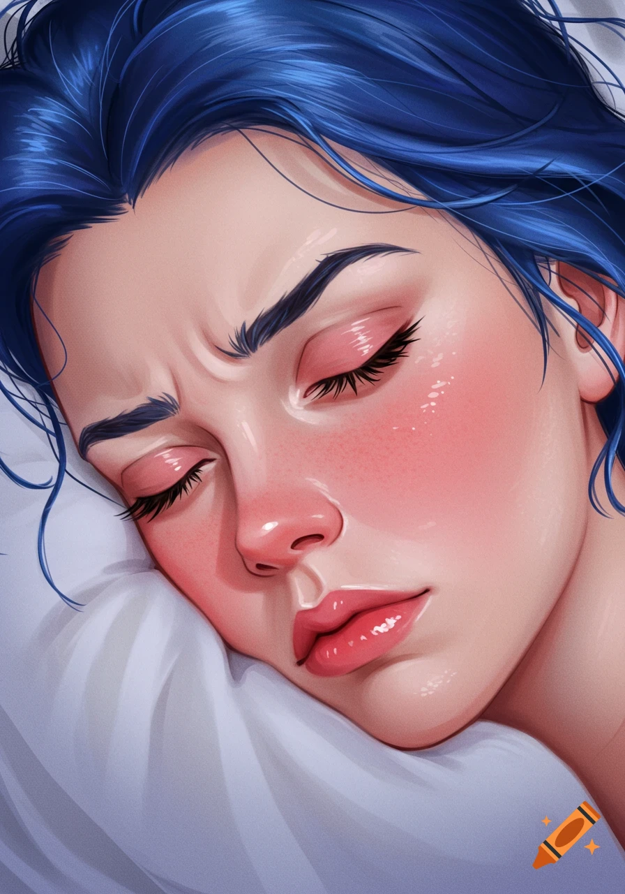 Close-up digital illustration of a sleeping woman with blue hair, flushed cheeks, and slightly furrowed brows, resting on a white pillow.