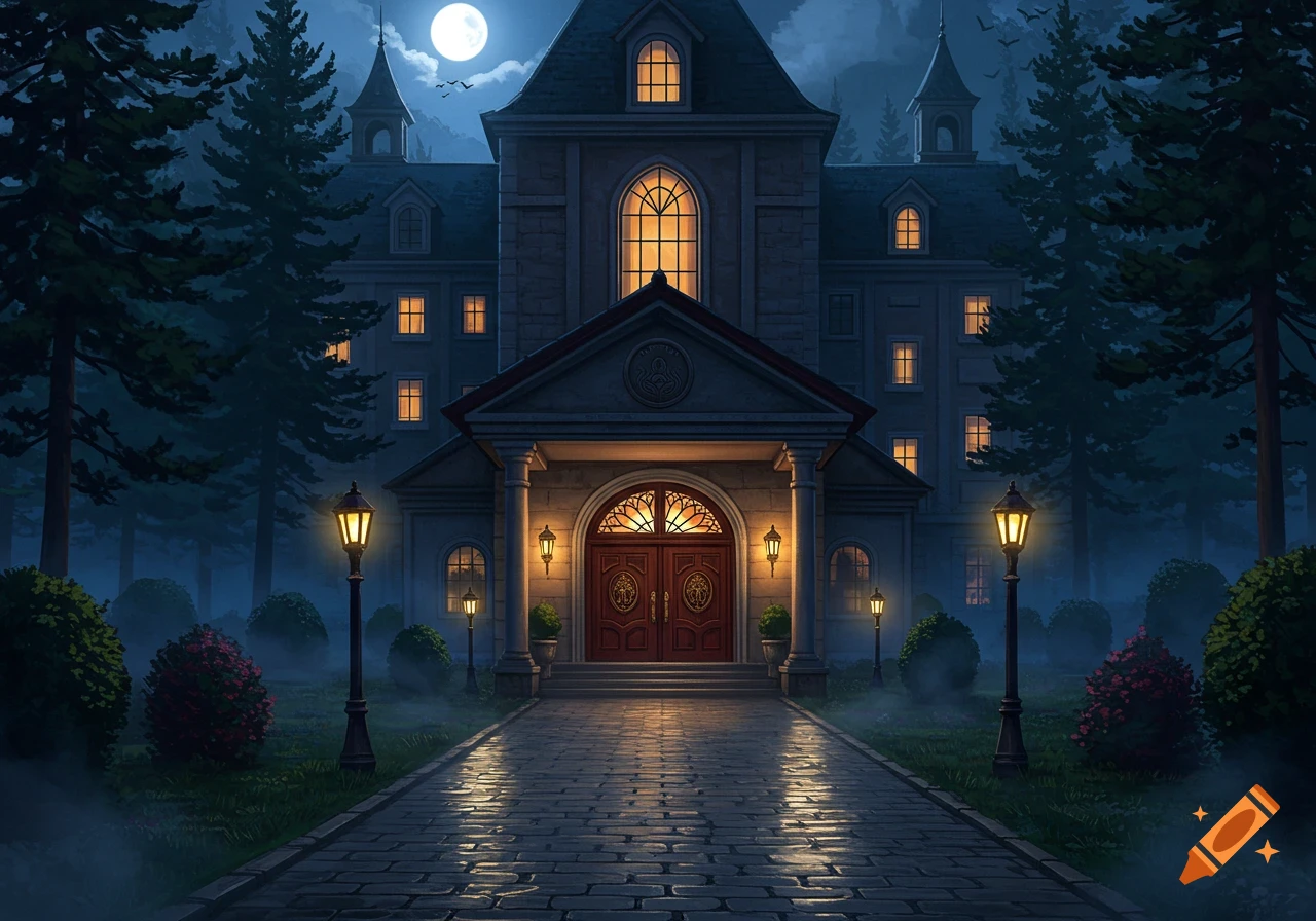 A grand, dark mansion at night, illuminated by a full moon, with glowing windows and a stone path through a misty forest.