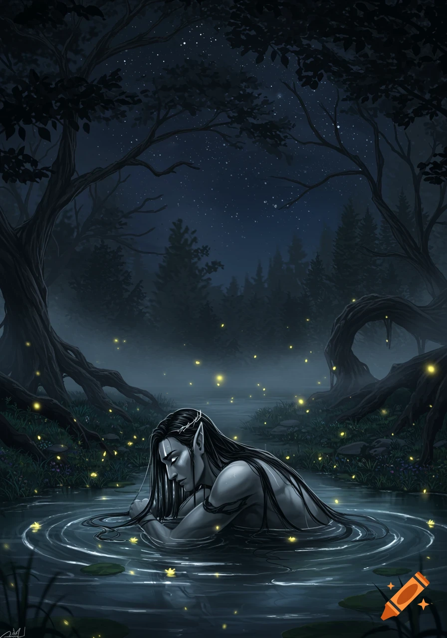 An elf male with long dark hair relaxes in a moonlit forest lake, surrounded by glowing fireflies and mystical trees. Art style.