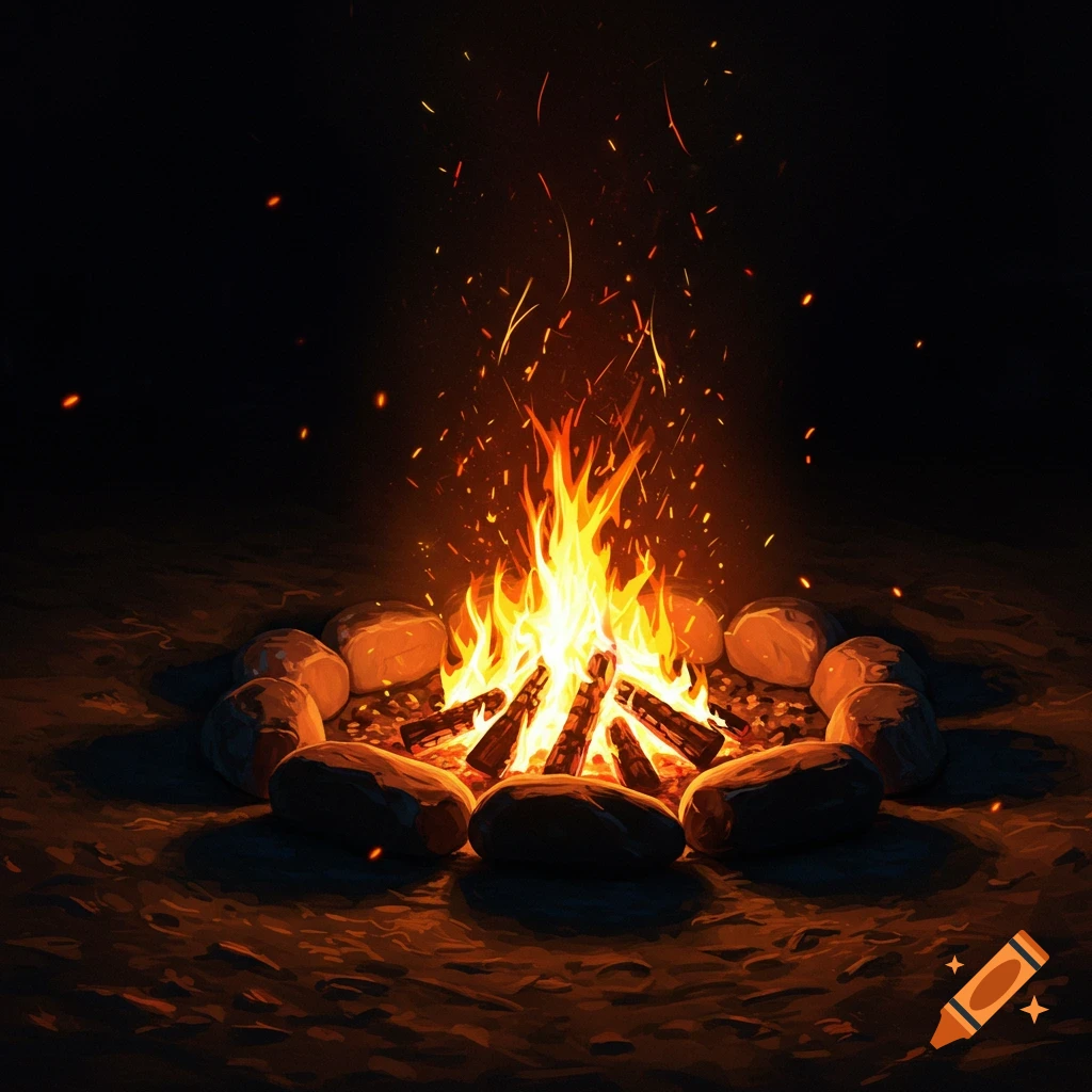 A bright campfire burning with logs and rocks in a dark outdoor setting, with sparks rising.