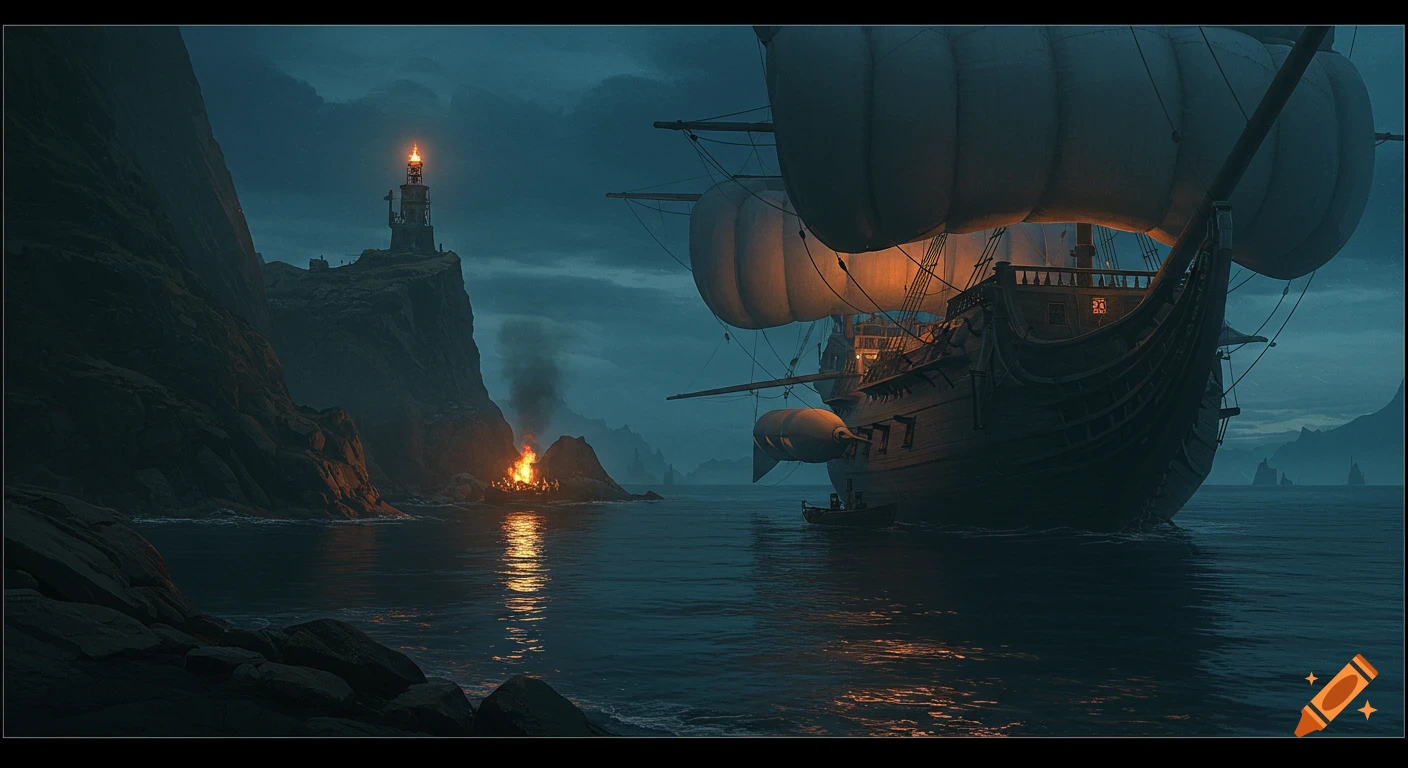 A galleon with deflated air bladders docked at a rocky cove at night, a lighthouse beacon and signal fire illuminating the scene, reflecting on the water.