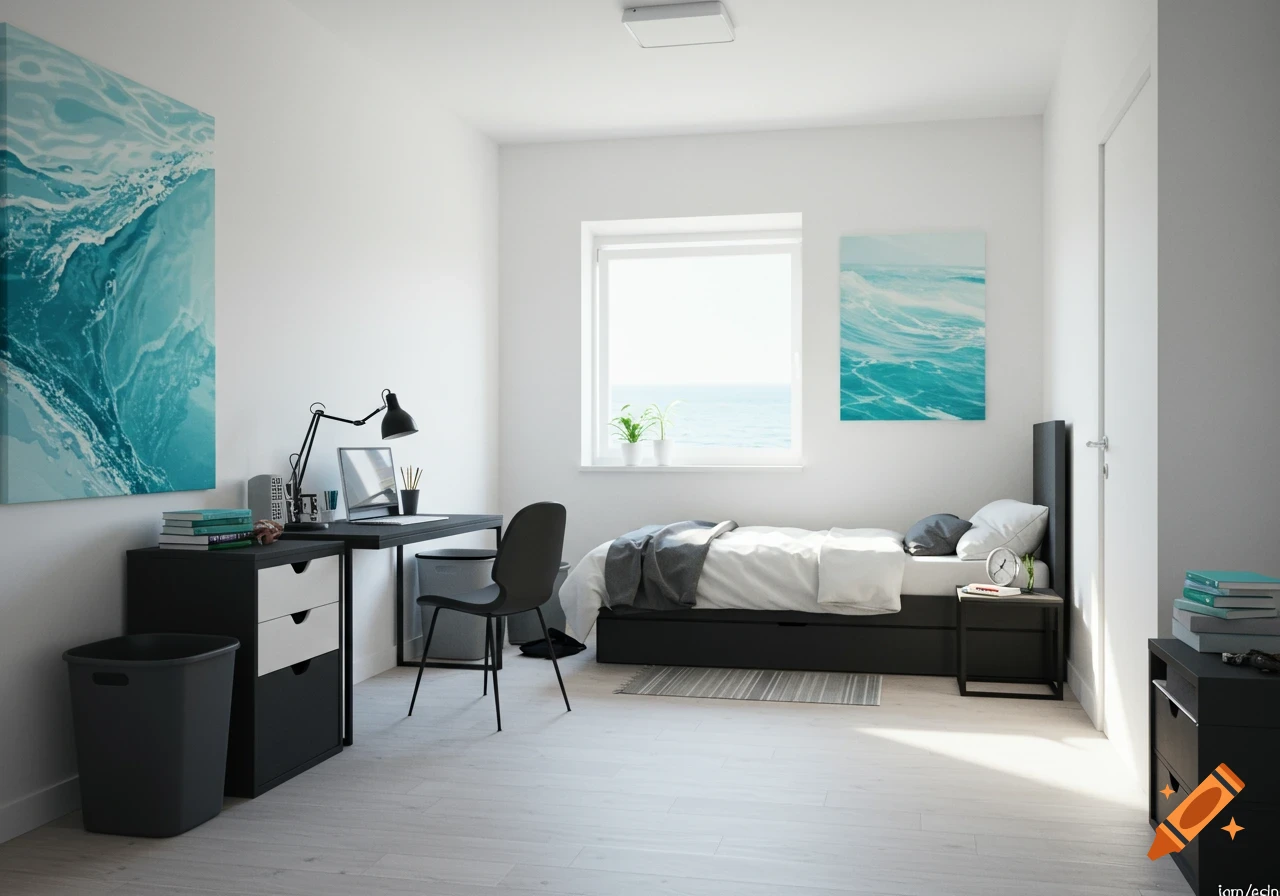 A bright, modern bedroom with white walls, a black twin bed, a desk, and oceanic art, overlooking the sea from a large window.