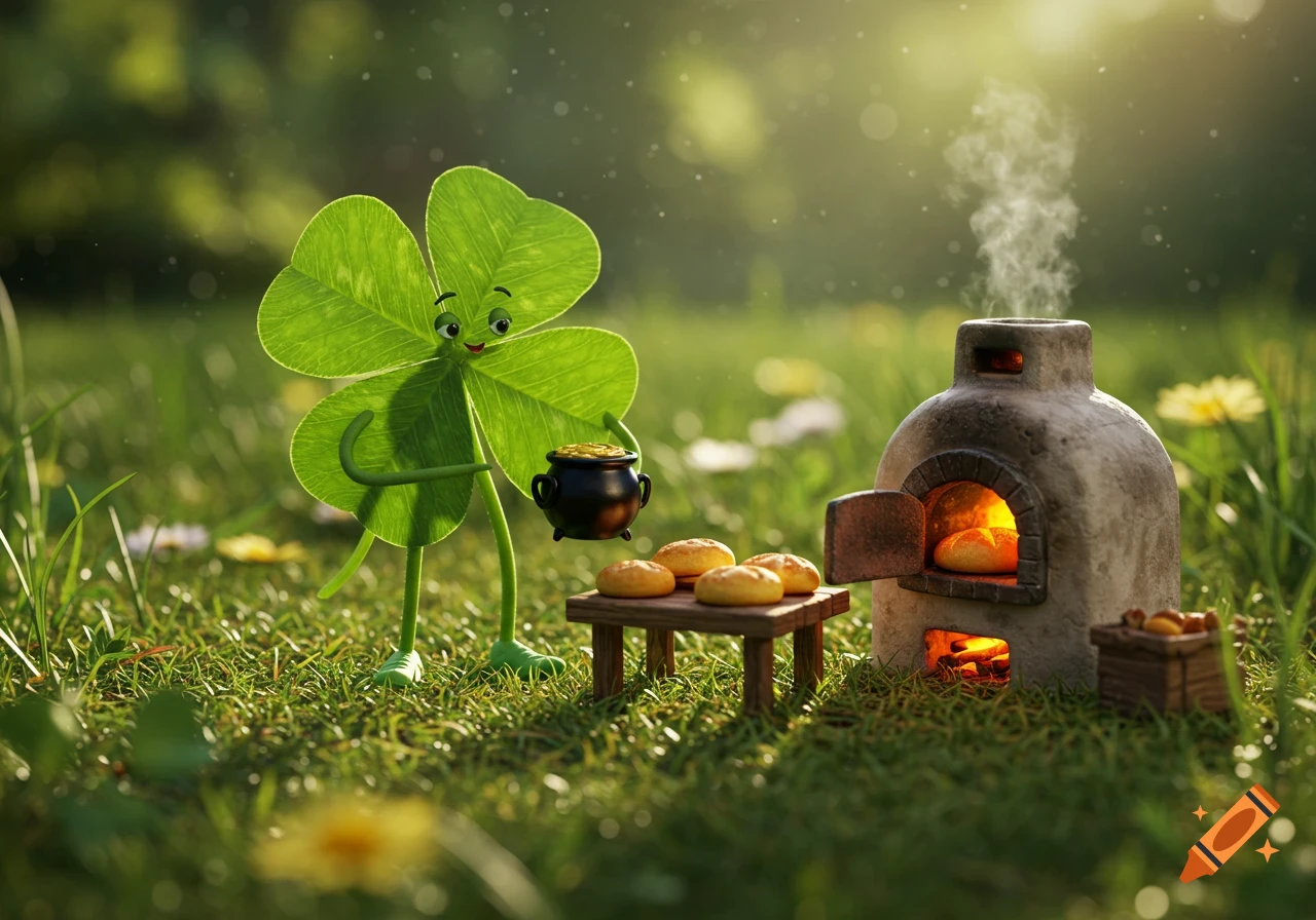 A happy four-leaf clover character holds a pot of gold next to a smoking miniature oven with bread in a sunny, grassy field.