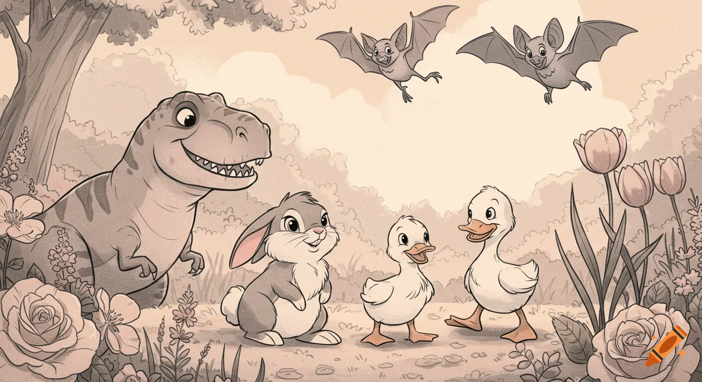 A smiling cartoon T-Rex, bunny, two ducklings, and two bats interact in a sepia-toned nature scene with trees and flowers.