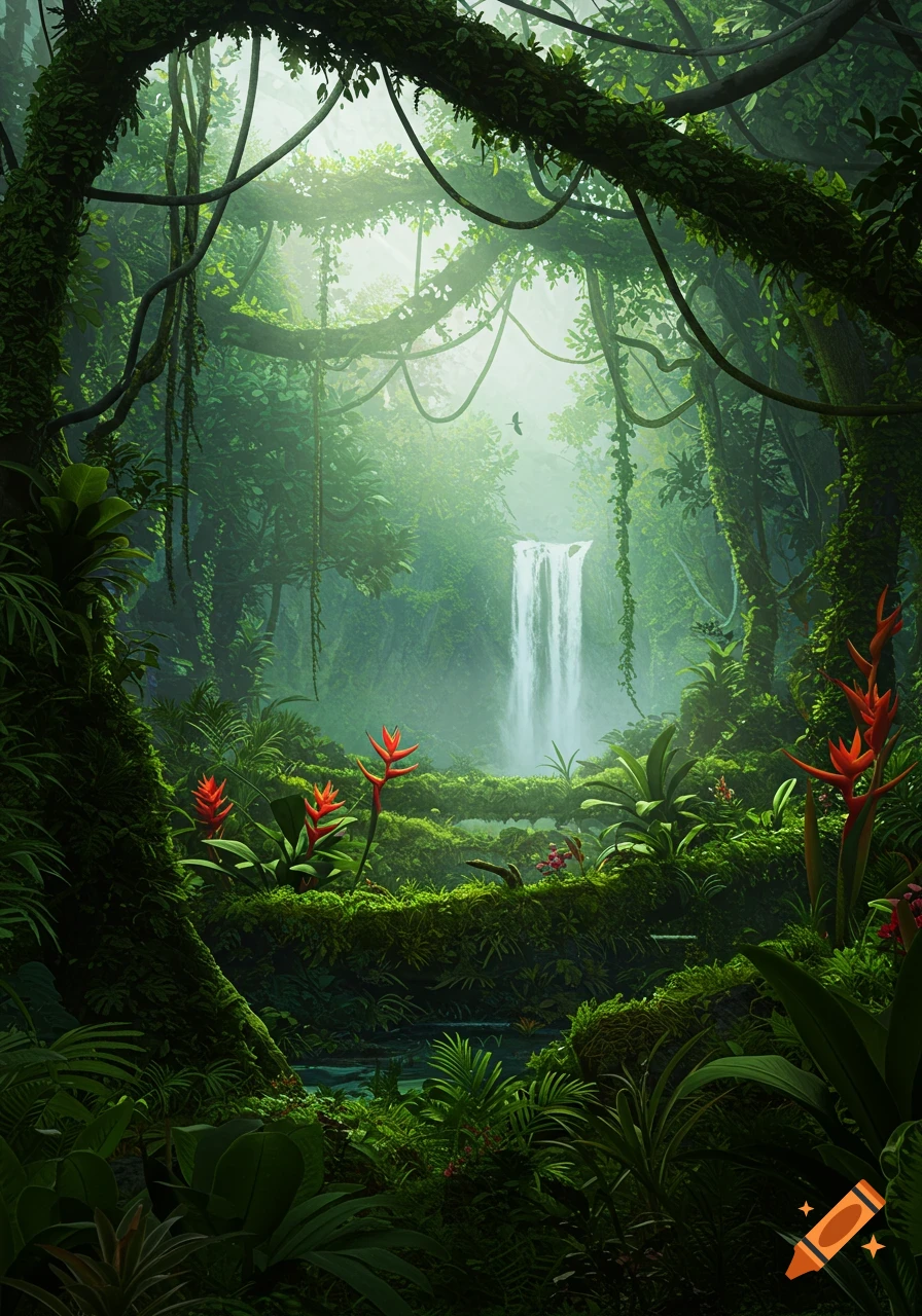 A lush, green jungle scene with a waterfall in the background, dense foliage, vines, and vibrant red tropical flowers.