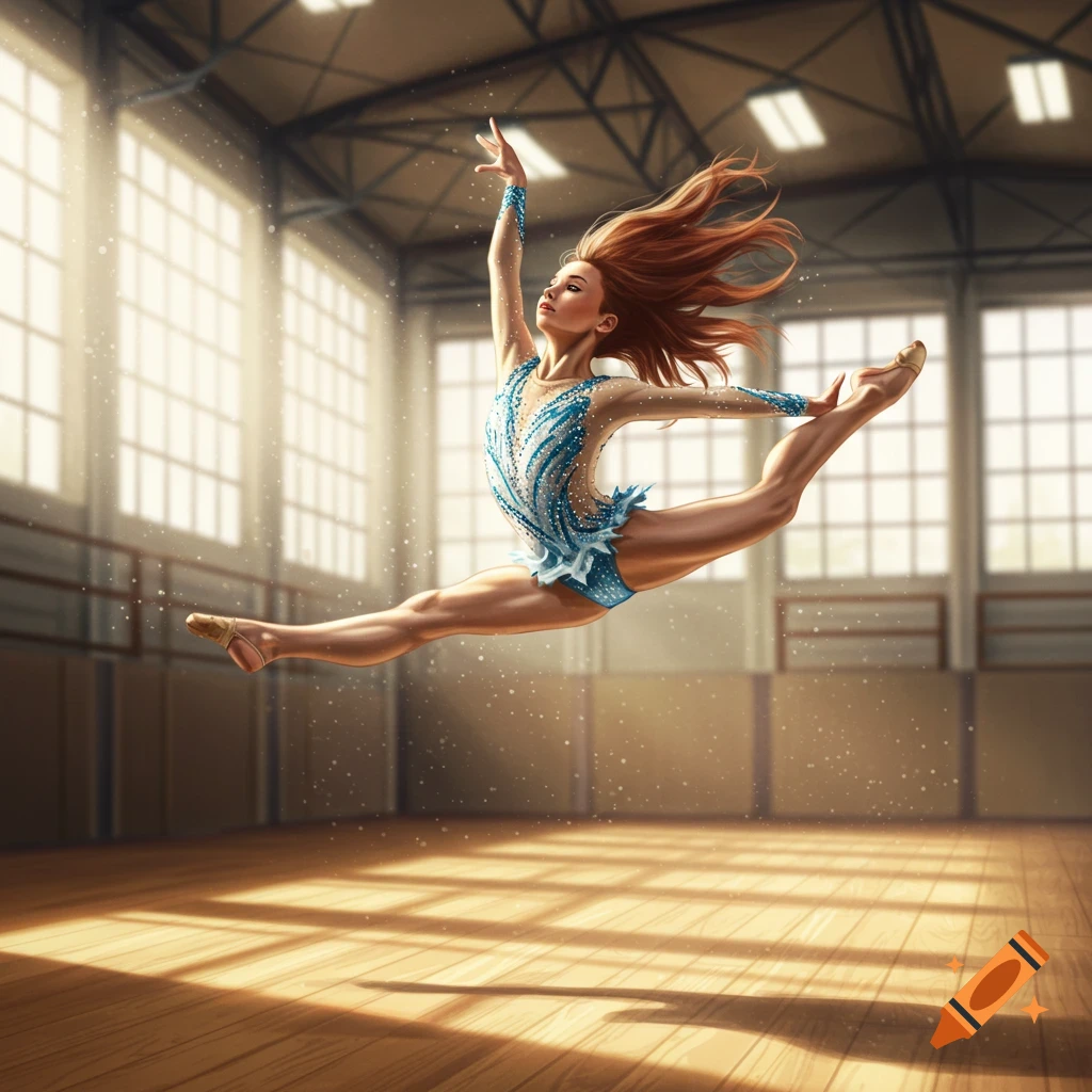 A female gymnast in a blue leotard leaps mid-air in a sunlit gymnasium.