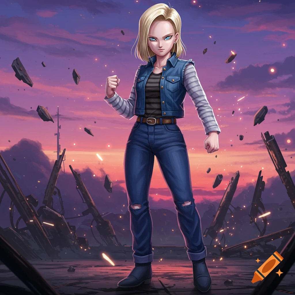 A blonde anime character in a denim jacket and jeans stands in a destroyed landscape at sunset.
