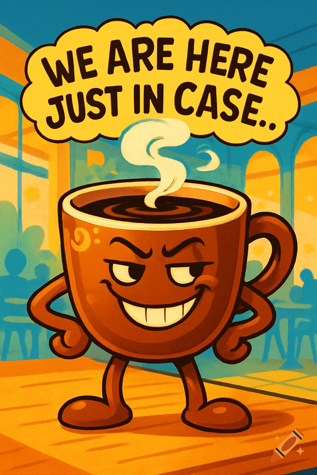 A cheerful, winking cartoon coffee cup with arms and legs stands in a cafe. A speech bubble above reads, 'WE ARE HERE JUST IN CASE..'.
