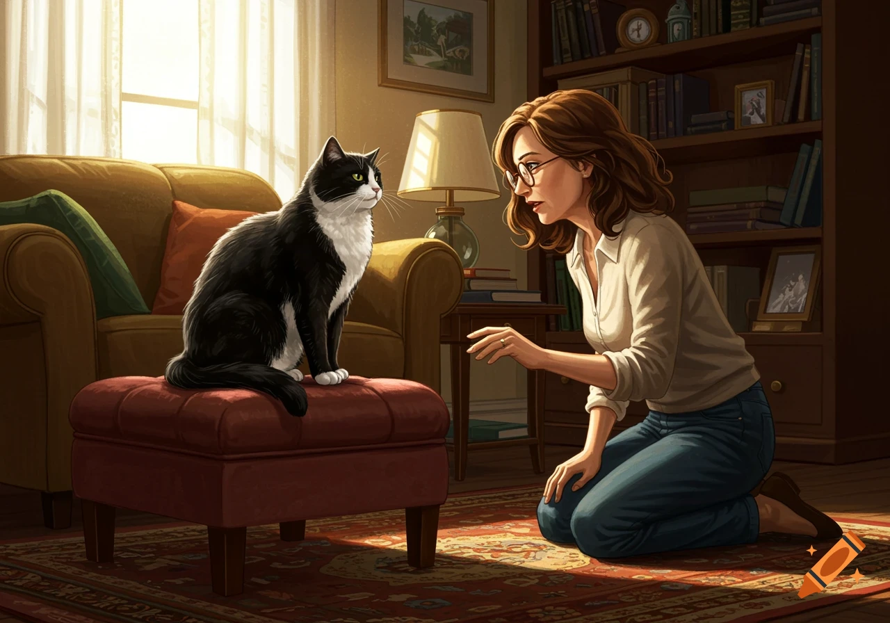 A woman kneels on a rug, looking at a black and white cat on a red ottoman in a cozy living room, warm light from a window.