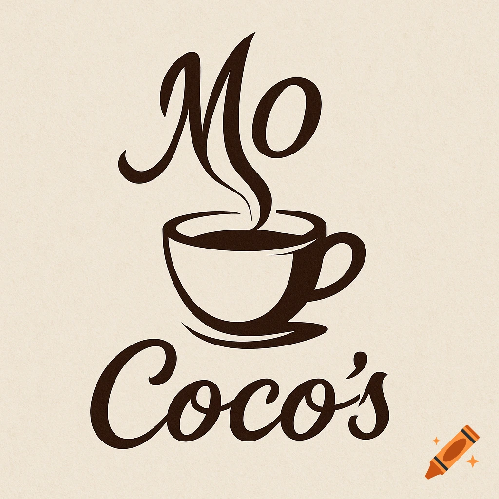 A minimalist coffee shop logo with a brown coffee cup and steam, featuring the words "Mo Coco's" in a script font on a beige background.