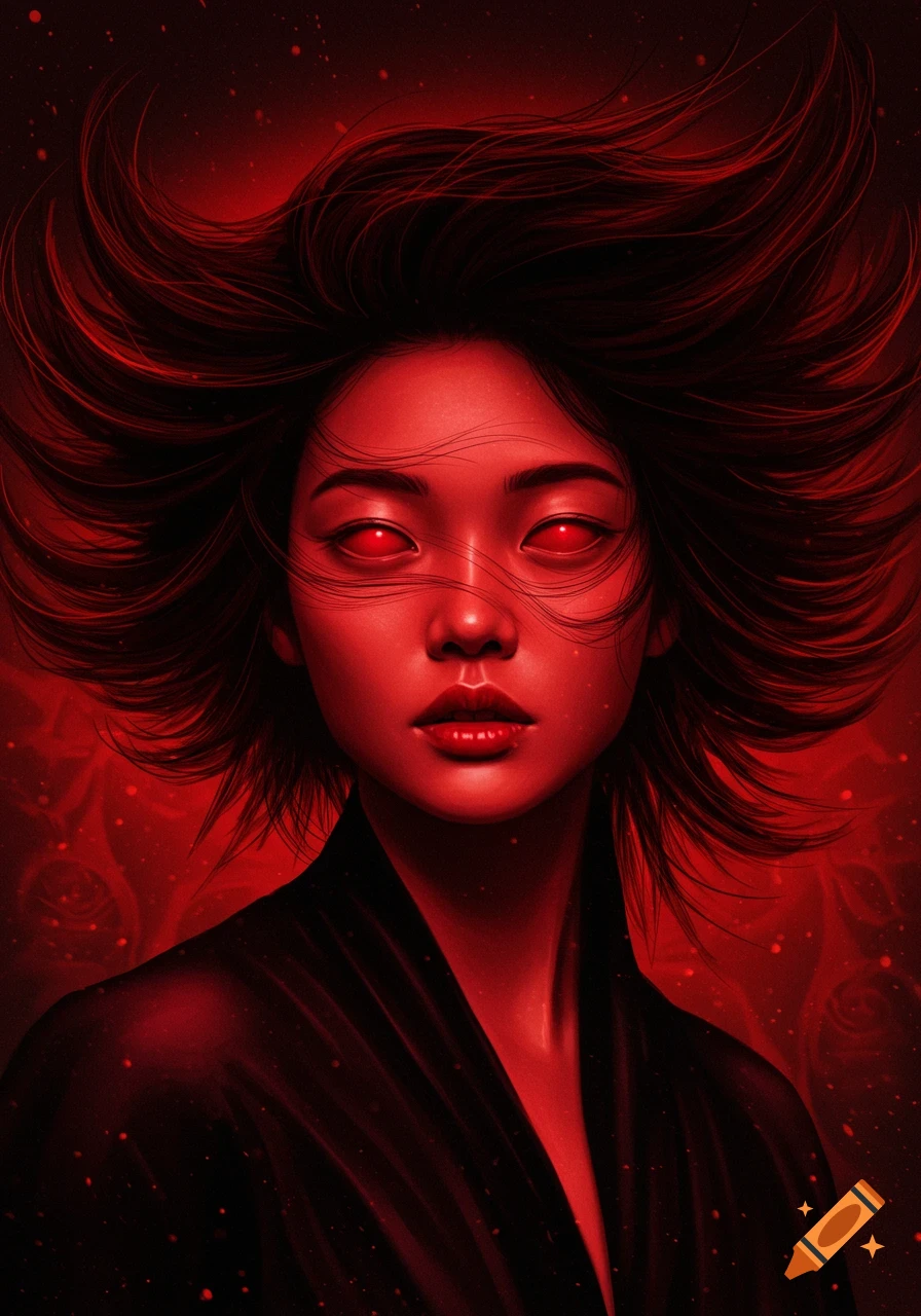 A stylized portrait of a Korean woman with glowing red eyes and wild, dark hair, against a fiery red background.