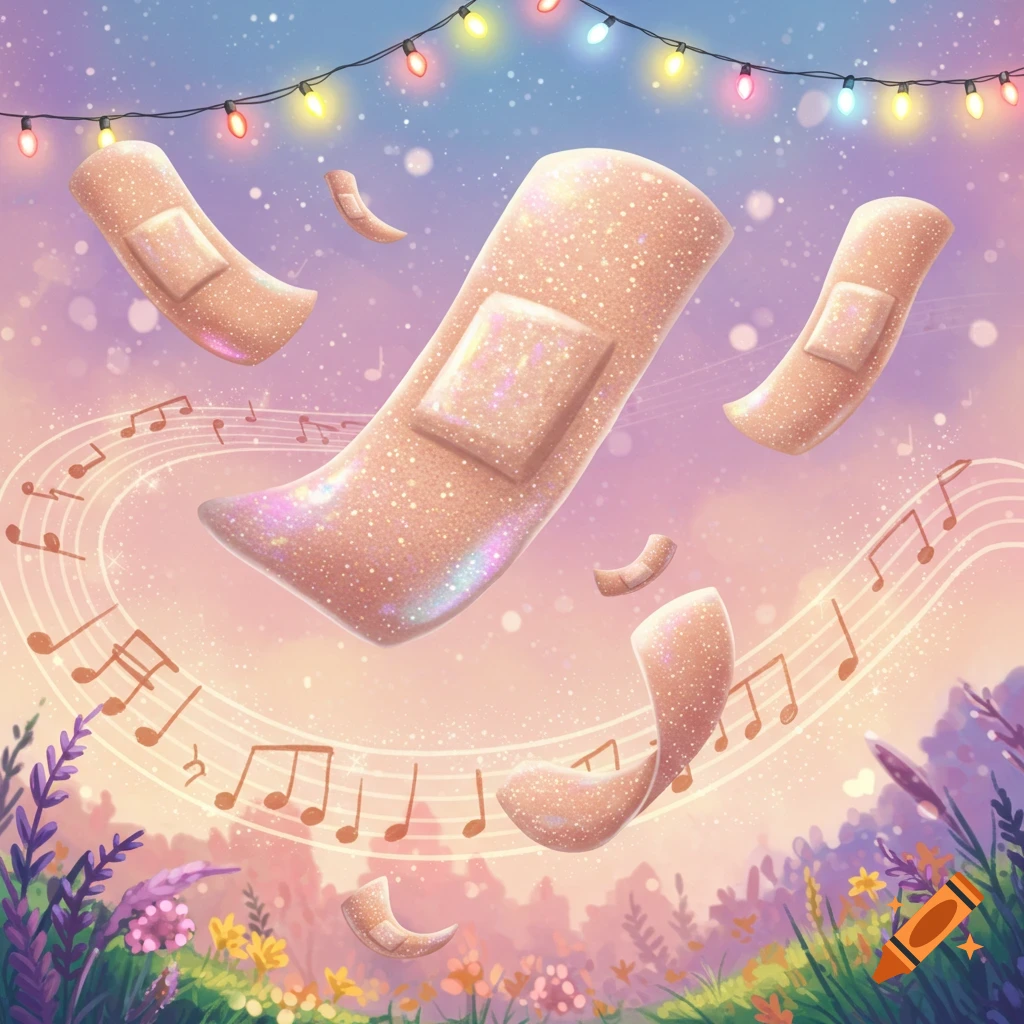 Sparkling bandages float among musical notes over a whimsical landscape with flowers, under a sky with string lights.