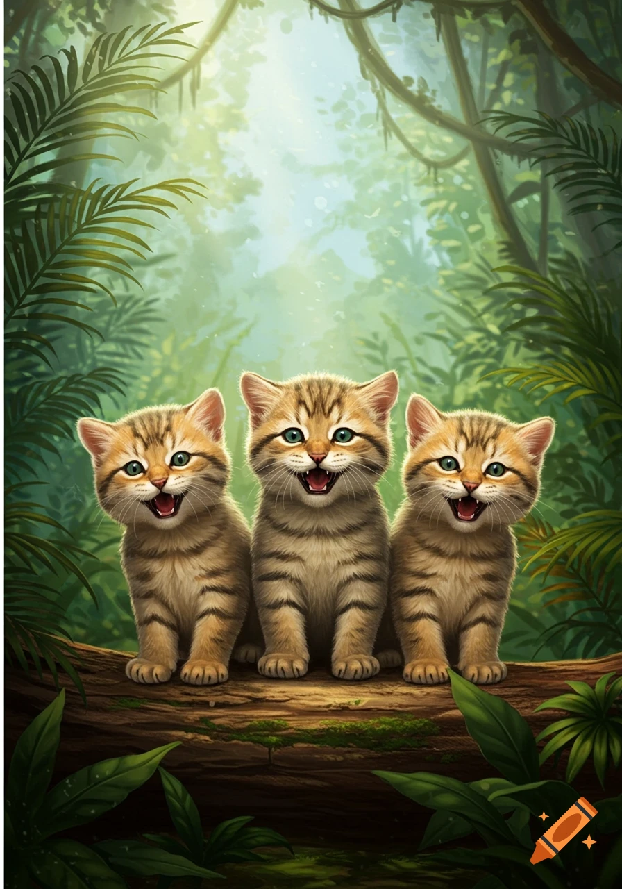 Three striped kittens with wide-open mouths sit on a mossy log in a lush, green jungle illustration.