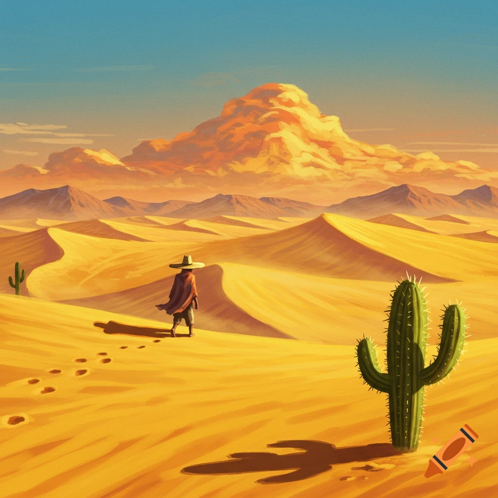 A lone figure in a sombrero walks across a vast, golden desert with towering sand dunes and cacti under a vibrant sky.