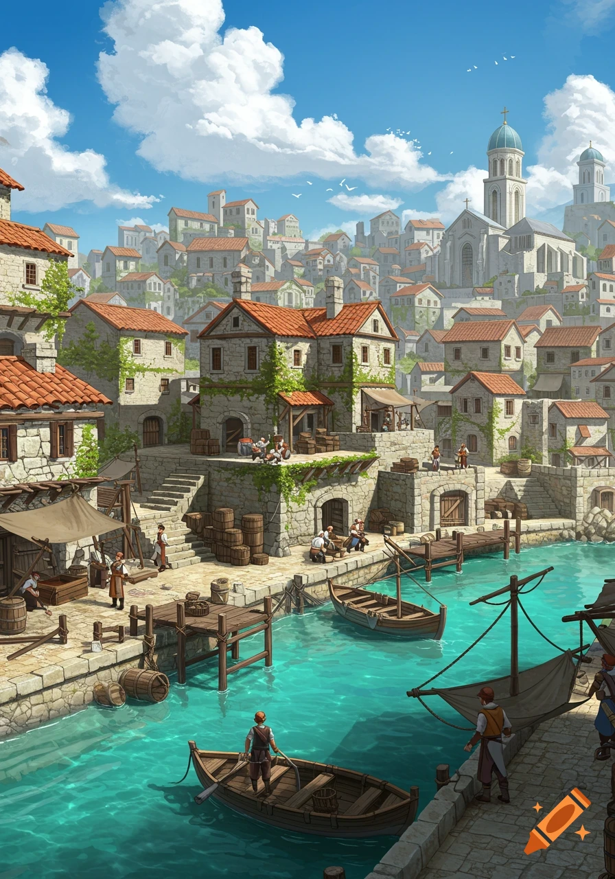 A vibrant illustration of a bustling stone harbor town with boats, red-roofed buildings, and a tall church under a blue sky.