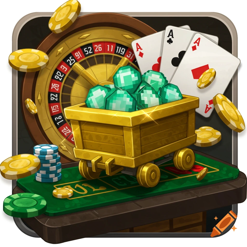 A golden mine cart filled with green pixelated diamonds, poker chips, playing cards, and a roulette wheel on a green table.