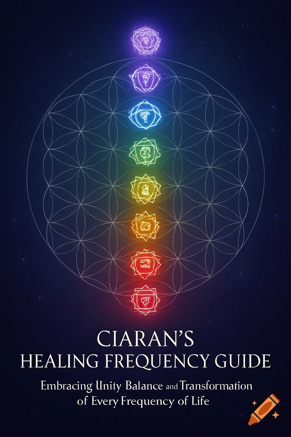 Spiritual guide cover with a Flower of Life mandala and glowing rainbow chakra symbols on a cosmic background.