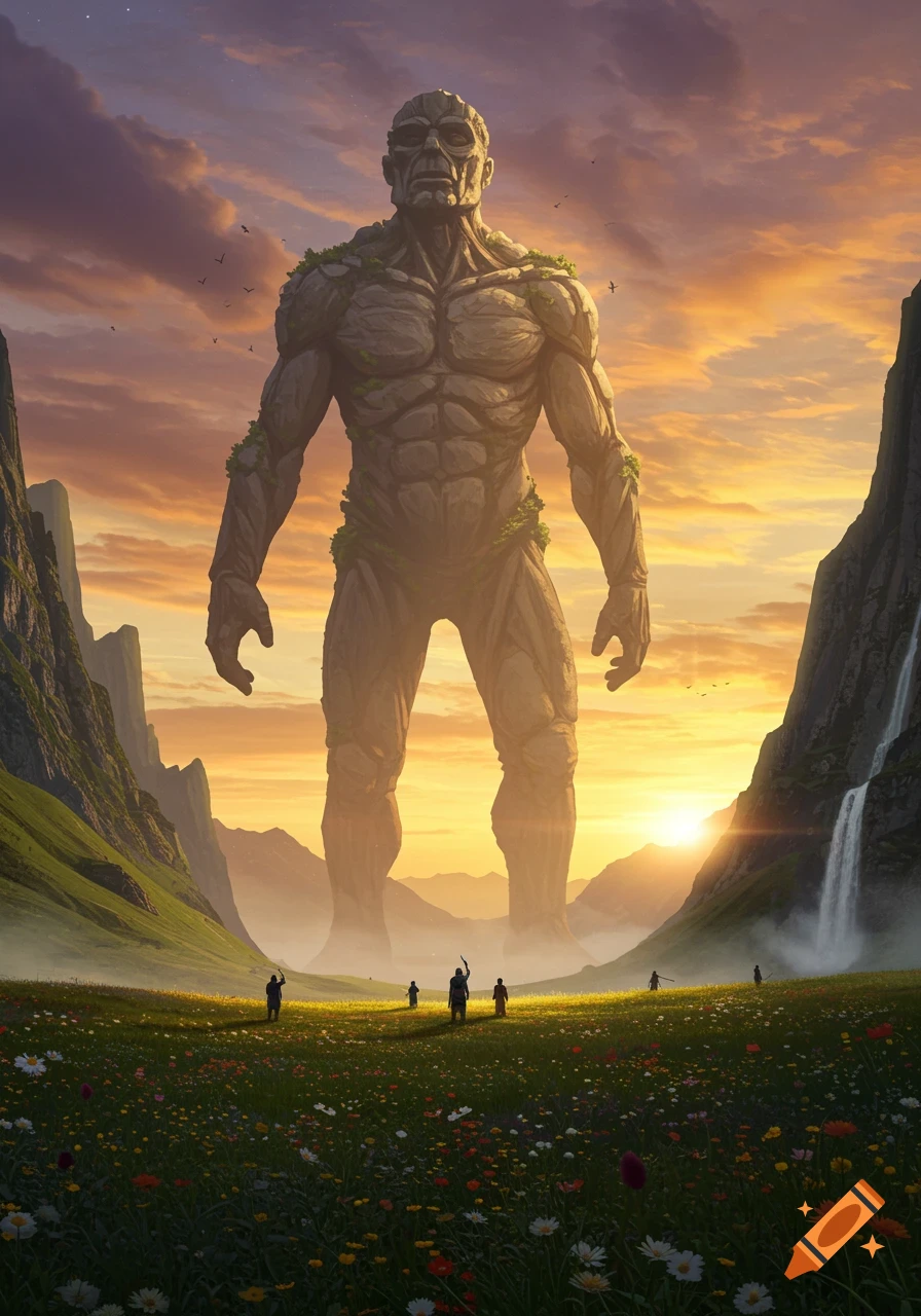 Colossal stone giant in a vibrant green valley with wildflowers at sunset, tiny human figures below, majestic mountains and waterfalls.