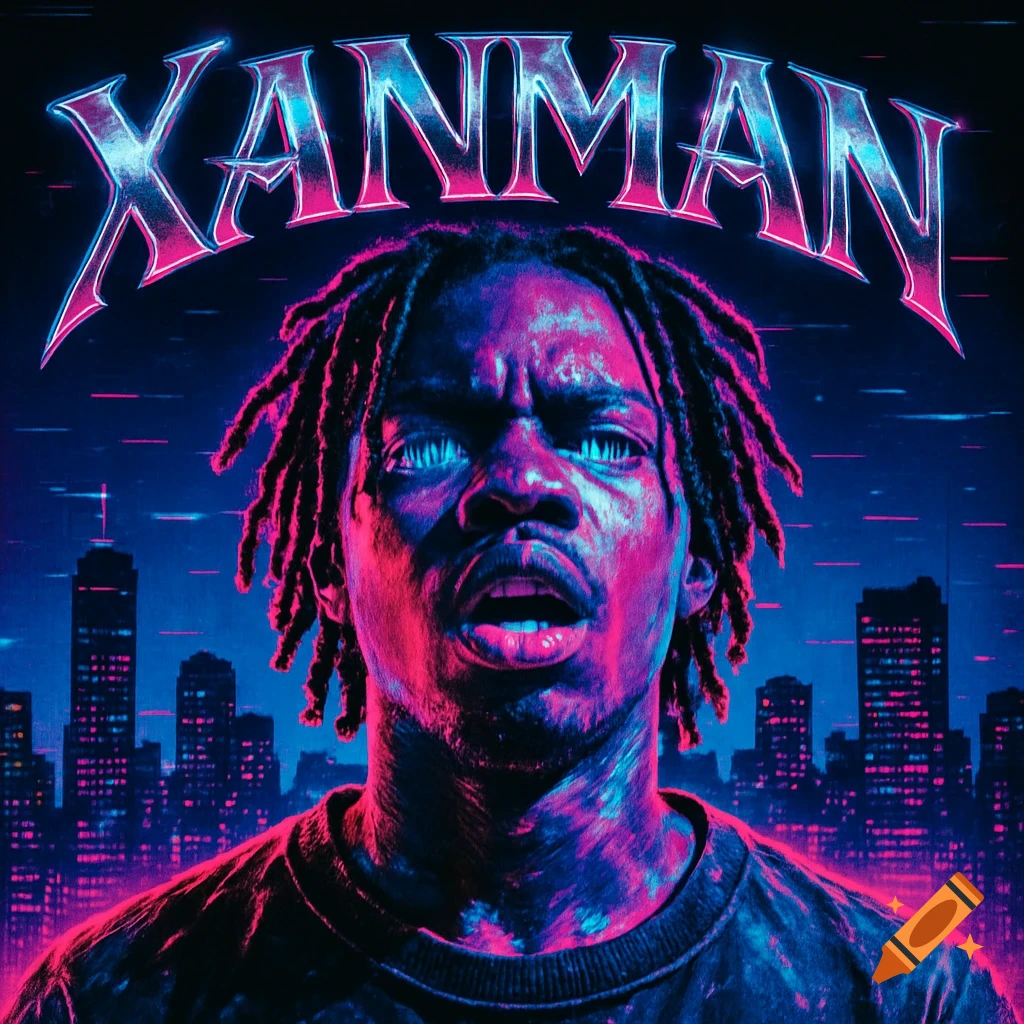 Man with dreadlocks and glowing eyes in a neon blue and pink synthwave style, with a city skyline and 'XANMAN' title.