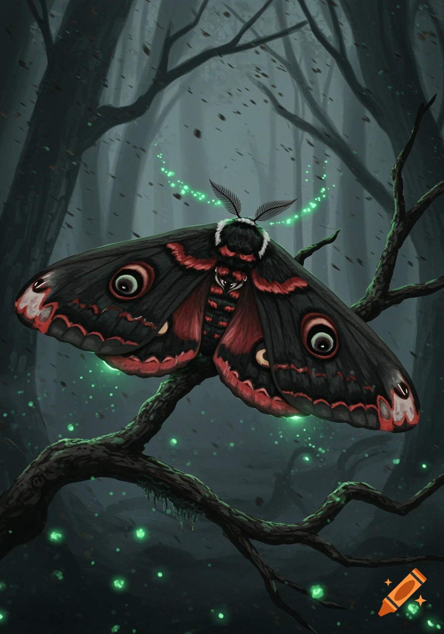 A dark, red and black moth with eye-like patterns sits on a branch in a magical, glowing forest. Stylistic illustration.