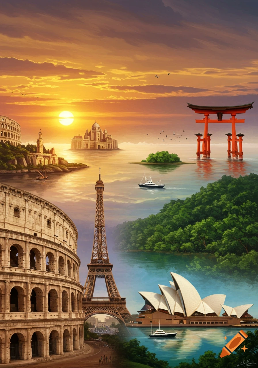 A vibrant illustration of famous world landmarks including the Colosseum, Eiffel Tower, Sydney Opera House, and a Japanese torii gate under a sunset sky.