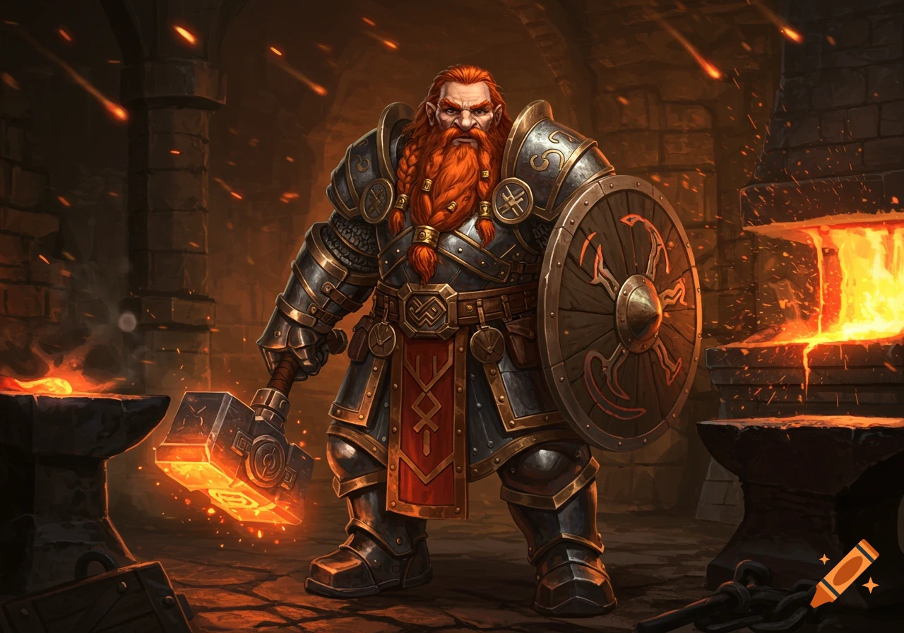 A dwarven forge cleric with a red beard, wearing armor, holds a glowing warhammer and shield in a dark forge.
