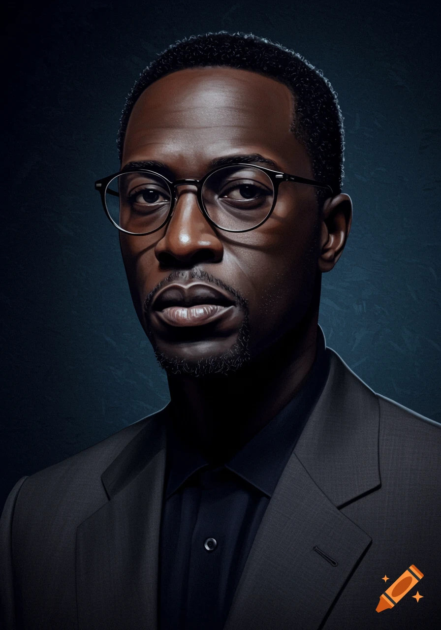 Photorealistic portrait of a Black man with glasses wearing a dark suit against a dark background.