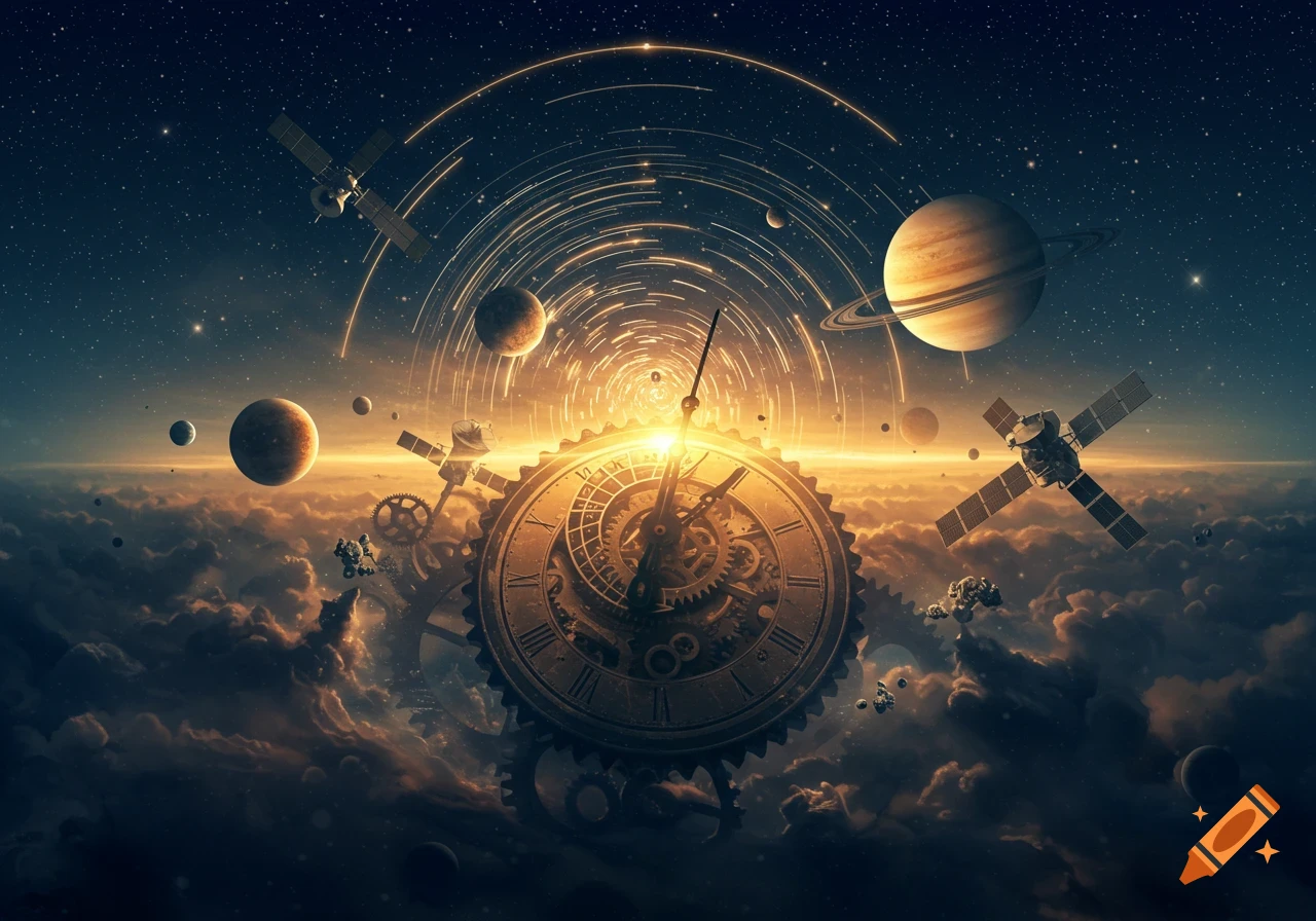 A stylized cosmic scene with a giant, glowing clock mechanism featuring Roman numerals, gears, and hands, set amidst planets, stars, satellites, and clouds in a deep space sky.