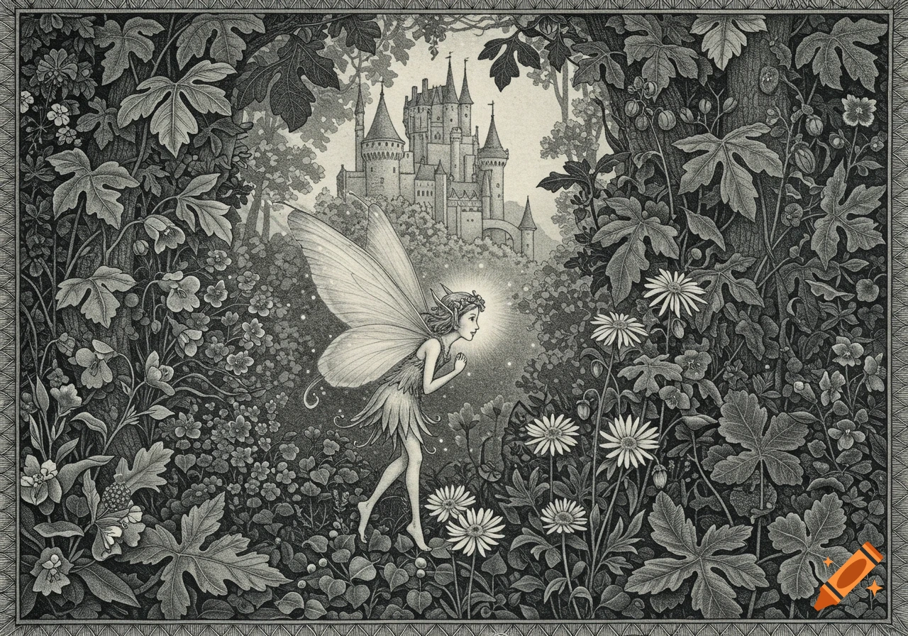 A black and white children's book style illustration of a fairy with large wings in a dense forest, looking towards a castle.