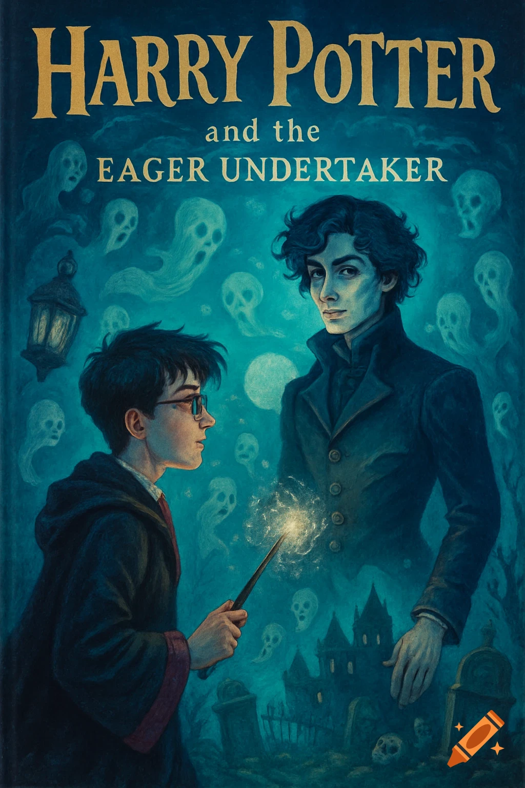 A dark fantasy book cover for 'Harry Potter and the Eager Undertaker' featuring Harry Potter and a mysterious figure surrounded by ghosts in a graveyard.