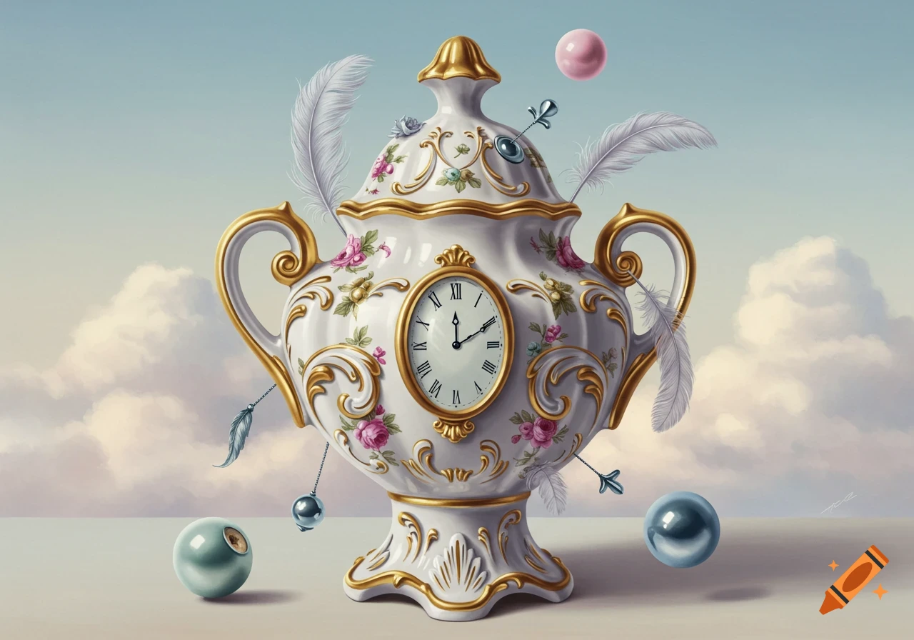 An ornate porcelain vase with a clock face, gold trim, and floral designs. White feathers and metallic spheres float around it in a surreal, dreamlike scene.