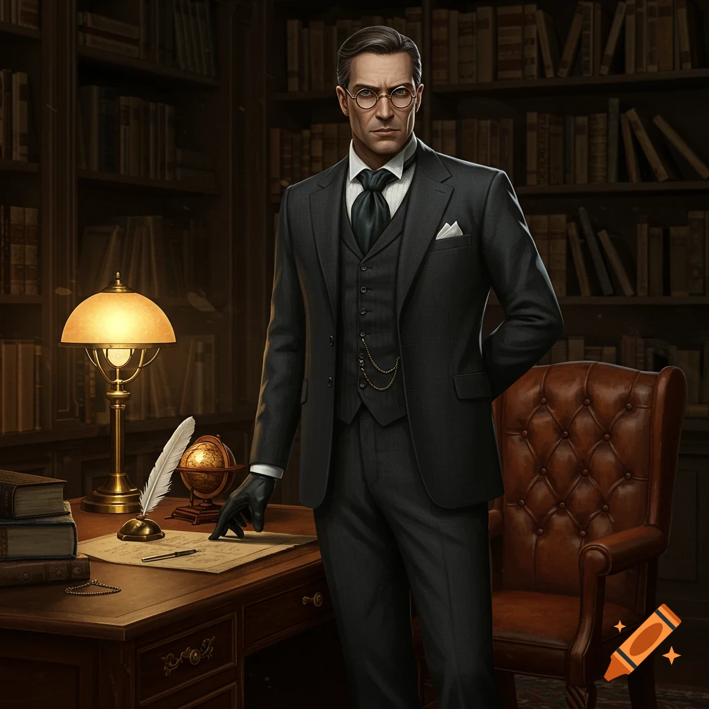 A formally dressed man in a dark suit and round glasses stands in a dimly lit library beside a desk with a lamp, quill, and globe.